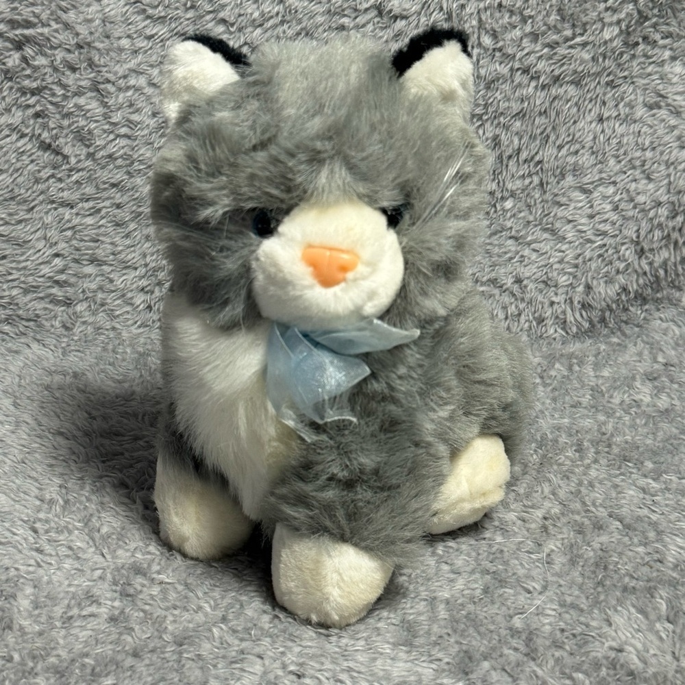 Walmart Gray White Cat Plush Stuffed Animal Kitten Blue Ribbon Toy 10”